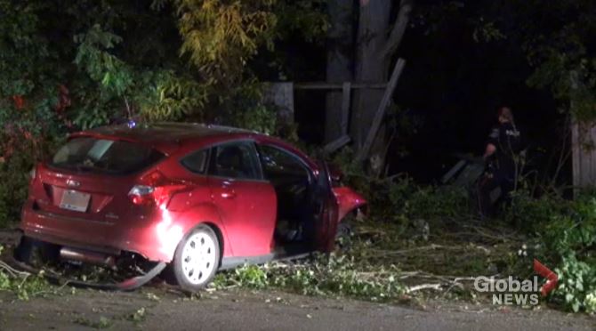 Click to play video: 'Car veers off road and crashes into fence on Stewart St. in Peterborough'